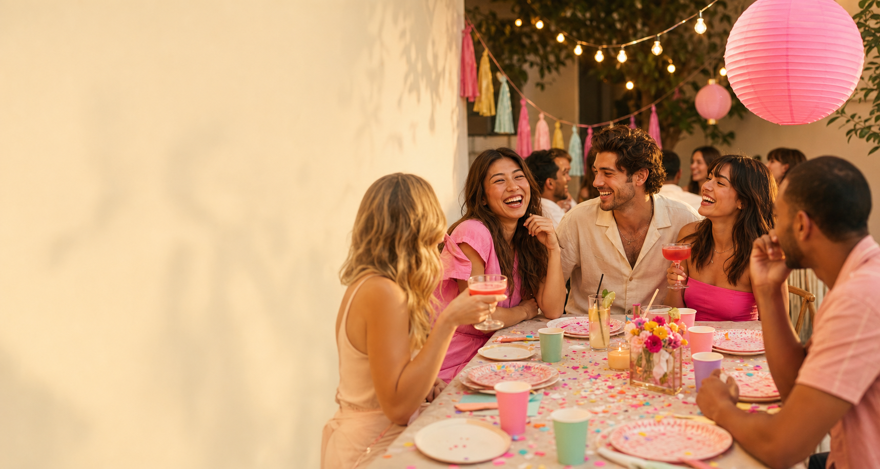 Friends laughing around a colorful dinner party table